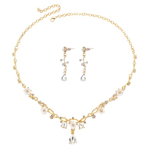 Goldenes Brautjungfer-Schmuck-Set mit Blumen-Design, Strass-Halskette und Ohrringen, Hochzeitsschmuck für Brautjungfern von Deskium
