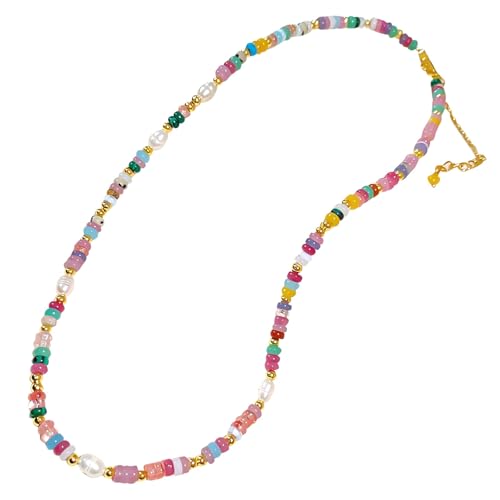Handgefertigte bunte böhmische Halskette für Damen, 40 cm Länge, mit verstellbarer Legierung und Perlmutt-Elementen von Deskium