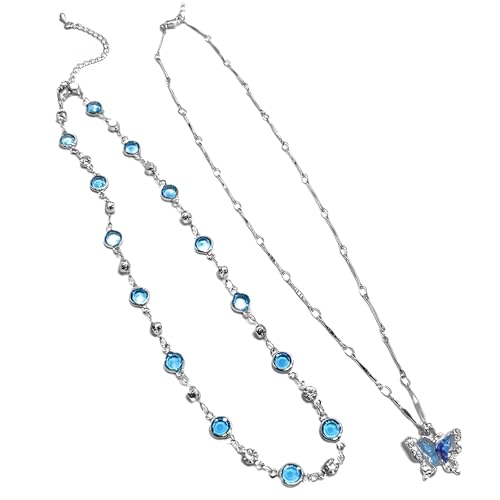 Verstellbare blaue Schmetterlings-Halskette, doppellagiges Kupfer-Design mit österreichischen Kristallen und Zirkon von Deskium