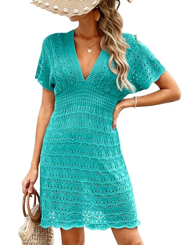Desol Damen Bikini Cover-Up Strandkleid Turquoise XL Aushöhlen Häkelkleid Sommer V-Ausschnitt Beachwear Damen Strandurlaub von Desol