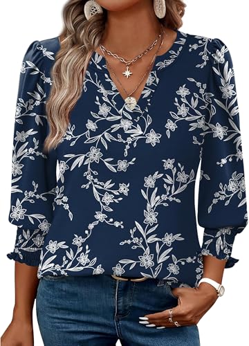 Desol Bluse Damen 3/4 Arm Lässiges Hemd mit V-Ausschnitt Elegante T Shirt Tops Locker Oberteil Bluse für den Herbst Outfit von Desol
