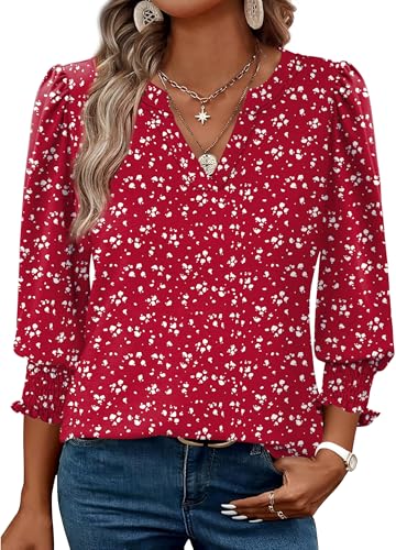 Desol Bluse Damen 3/4 Arm Lässiges Hemd mit V-Ausschnitt Elegante T Shirt Tops Locker Oberteil Bluse für den Herbst Outfit von Desol