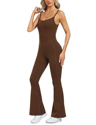 Desol Jumpsuit Damen Flare Sport Yoga sportanzug Workout Tank Tops Ärmellose Rückenfreie Jumpsuits Hohe Taille Gerade Weites Bein Hosen Seamless Bodycon Flare Leg Romper Overall von Desol