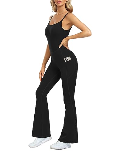 Desol Jumpsuit Damen Flare Sport Yoga sportanzug Workout Tank Tops Ärmellose Rückenfreie Jumpsuits Hohe Taille Gerade Weites Bein Hosen Seamless Bodycon Flare Leg Romper Overall von Desol