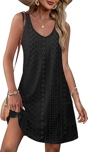 Desol Damen Kleider Bikini Cover Up Strandkleid Sommer V-Ausschnitt Ärmellos Sommerkleider Badeanzug Coverup mit Taschen von Desol