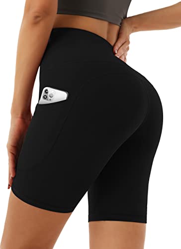 Desol Radlerhose Damen mit Taschen V Cross High Waist Shorts Bauch Kontrolle Kurze Sporthose Damen Sport Shorts für Yoga Laufen von Desol