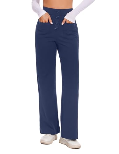 Desol Stoffhose Damen Weites Bein, Hoher Taille Business Hose Damen, Knopfleiste, Dehnbare Palazzo Hose mit Mehreren Taschen von Desol