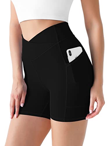 Desol Radlerhose Damen mit Taschen V Cross High Waist Shorts Bauch Kontrolle Kurze Sporthose Damen Sport Shorts für Yoga Laufen von Desol