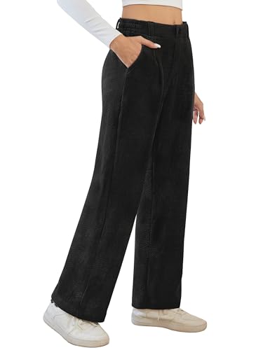 Desol Hosen Damen Elegant Warme Hose Stoffhose Imitations-Cordhose Weite Herbst Winterhose mit Taschen High Waist Gefütterte Hose Damen Schwarz XXL von Desol
