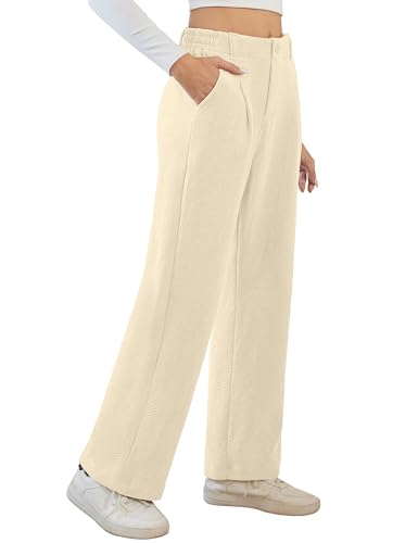Desol Hosen Damen Elegant Warme Hose Stoffhose Imitations-Cordhose Weite Herbst Winterhose mit Taschen High Waist Gefütterte Hose Damen Weiß M von Desol