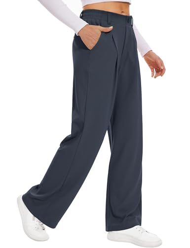 Desol Hosen Damen Waffel Lang Palazzo Hose Elegant Stoffhose Anzughose Damen Weite Sommerhose mit Taschen High Waist Hose Damenhose Weites Bein Blau XL von Desol