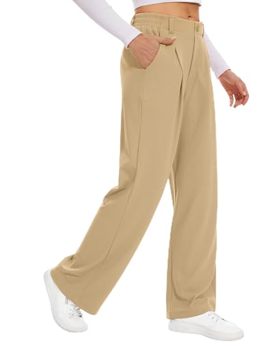 Desol Hosen Damen Waffel Lang Palazzo Hose Elegant Stoffhose Anzughose Damen Weite Sommerhose mit Taschen High Waist Hose Damenhose Weites Bein Hellkhaki S von Desol