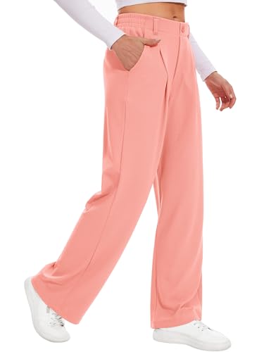 Desol Hosen Damen Waffel Lang Palazzo Hose Elegant Stoffhose Anzughose Damen Weite Sommerhose mit Taschen High Waist Hose Damenhose Weites Bein Korallenrosa XXL von Desol