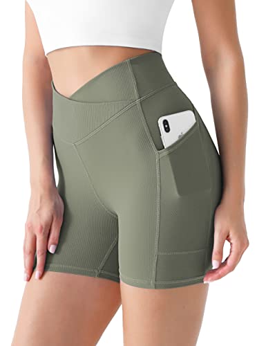 Desol Radlerhose Damen mit Taschen V Cross High Waist Shorts Bauch Kontrolle Kurze Sporthose Damen Sport Shorts für Yoga Laufen von Desol