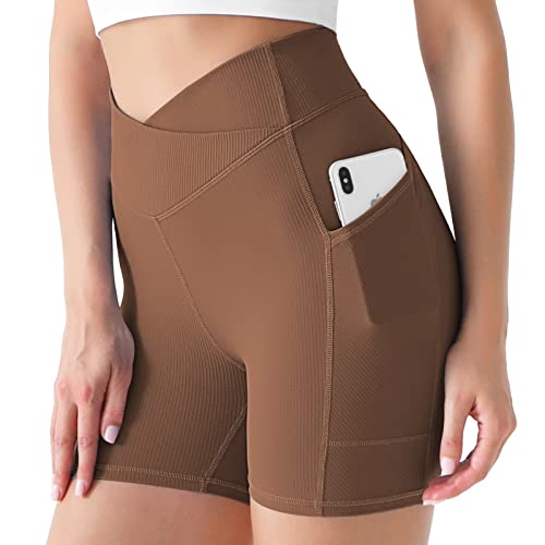 Desol Radlerhose Damen mit Taschen V Cross High Waist Shorts Bauch Kontrolle Kurze Sporthose Damen Sport Shorts für Yoga Laufen von Desol