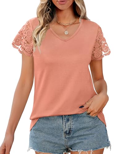 Desol Rosa T-Shirts Damen Sommer mit V-Ausschnitt Kurzärmeliges Damen Oberteile Spitzenbluse für Casual Büro Korallenrosa von Desol