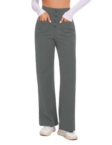 Desol Stoffhose Damen Weites Bein, Hoher Taille Business Hose Damen, Knopfleiste, Dehnbare Palazzo Hose mit Mehreren Taschen von Desol