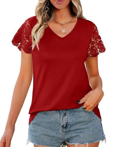 Desol T-Shirts Damen Sommer mit V-Ausschnitt Kurzärmeliges Damen Oberteile Elegant Spitzenbluse für Casual Büro Rot von Desol