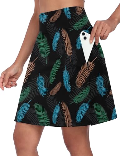 Desol Tennisrock Damen Muster Blätter Knielang Sportrock Hoher Taille Hosenrock Golfrock Wanderrock Damen mit Innenhose und Tasche von Desol