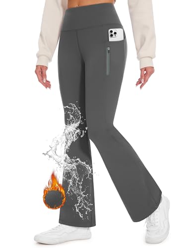 Desol Thermo Flare Leggings Damen Schlaghose Fleece Gefütterte Flared Yoga Pants Wasserfeste Weite Hose mit Reißverschlusstaschen Ausgestellte Leggings Elegante Tanzhose Relaxhose von Desol