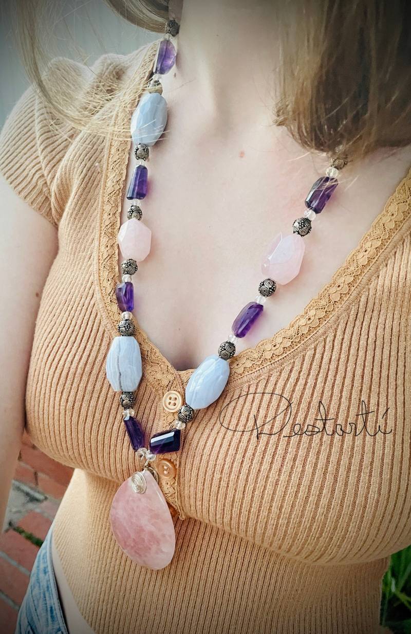 Rosenquarz Tropfen Anhänger Amethyst, Blue Lace Achat, Sterling Silber von DestarteJewelry