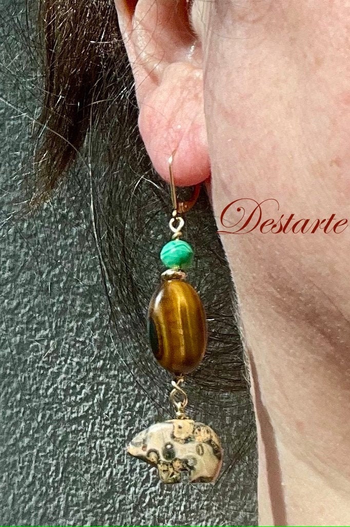 Leopardenjaspis Gold-Filled Ohrringe Tigerauge, Malachit, Zuni Bär Baumeln Lassen - Erde Astrologie Geschenk von DestarteJewelry