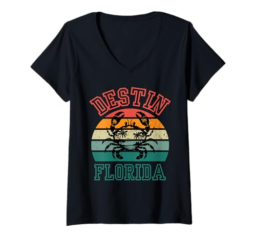 Damen Destin Florida FL Surfen Retro Sonnenuntergang US City State Beach T-Shirt mit V-Ausschnitt von Destin Florida City State Beach