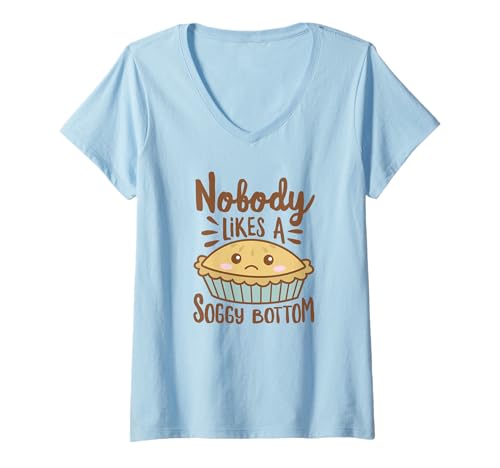 Damen Lustiges Britisches Backzubehör mit Aufschrift Nobody Likes A Soggy Bottom T-Shirt mit V-Ausschnitt von Detour Shirts