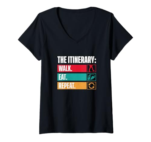 Damen Die Reiseroute Walk Eat Repeat Lustige Reiseleitung Reiseleiter T-Shirt mit V-Ausschnitt Damen Die Reiseroute Walk Eat Repeat Lustige Reiseleitung Reiseleiter T-Shirt mit V-Ausschnitt von Detour Tourist Guiding Wanderer