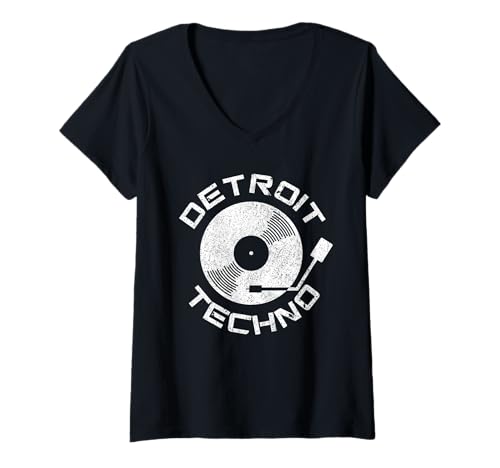 Damen Detroit Techno Raver DJ Vintage Retro Schallplatte Geschenk T-Shirt mit V-Ausschnitt von Detroit Techno Rave Apparel