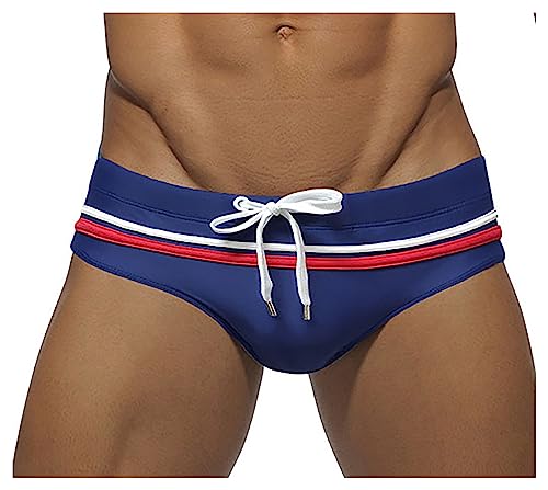 Detwen Badeslip mit Kordelzug Herren Badehose mit Kontraststreifen Mini Schwimmhose Kurze Badeshorts Blau 01 L von Detwen