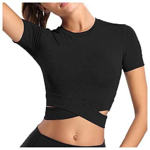 Detwen Crop Top Damen Bauchfreie Tops mit Abnehmbare Polsters Yoga Shirt Sport Top Sport T-Shirt Schwarz S von Detwen