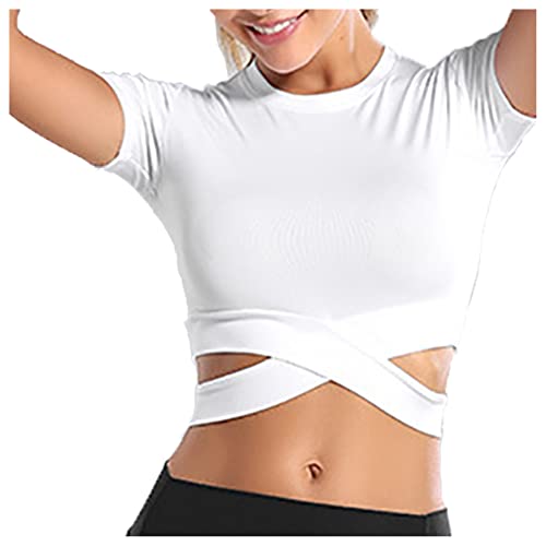 Detwen Damen Sport Oberteile Bauchfrei Top Kurzarm Lauf T-Shirt Yoga Crop Top mit Gekreuztem Saum Weiß S von Detwen