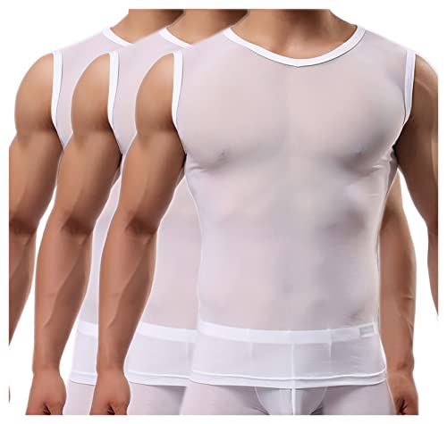 Detwen Herren Ärmellos Shirts 3er Pack Tank Top Mesh Slim Fit Sexy Unterwäsche Transparent Muskelshirt Weiß XL von Detwen
