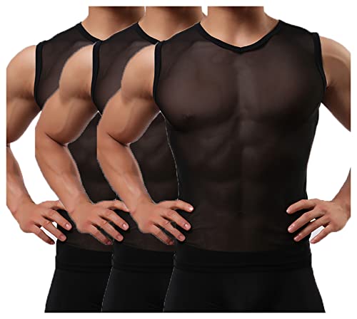 Detwen Herren Ärmellos Shirts 3er Pack Tank Top Slim Fit Mesh Unterwäsche Sexy Muskelshirt Schwarz L von Detwen