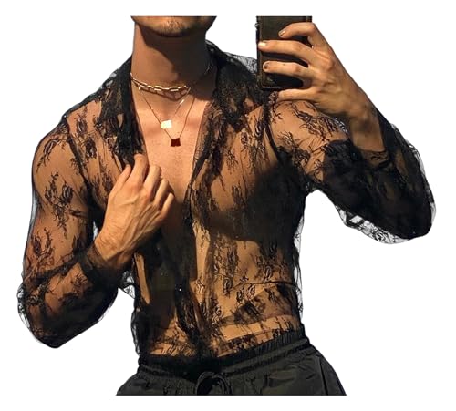 Detwen Herren Durchsichtiges Hemd Geblümt Spitze Hemd Dünnes Langarmshirt Party Oberteil Schwarz B EU Größe XL/Herstellergröße XXL von Detwen