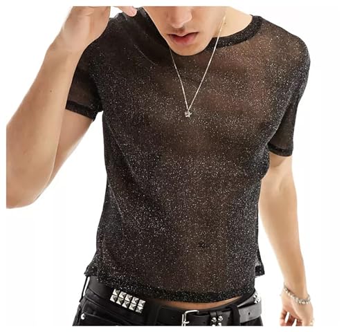 Detwen Herren Glitzer Oberteil Durchsichtig T-Shirt Männer Spitze Hemd Kurzarm Schwarz B EU Größe XXL/Herstellergröße 3XL von Detwen