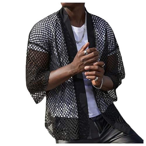 Detwen Herren Netz Shirt Transparent Kimono Mesh Unterhemd Männer Clubwear Durchsichtig Schwarz A Größe M von Detwen