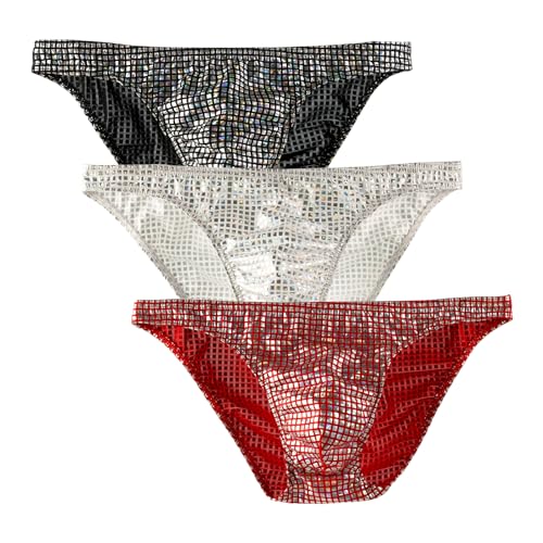 Detwen Herren Slips Unterhose 3er Pack Männer Low Waist Briefs Bikini Unterwäsche Glänzend 3 Stück 01 Größe L von Detwen
