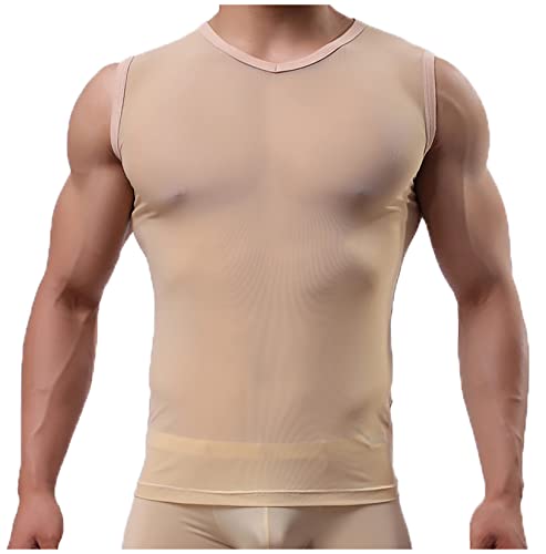 Detwen Herren Tank Top Durchsichtig Muskelshirts mit Rundhalsausschnitt Ärmellos T-Shirt Männer Mesh Unterhemd Beige M von Detwen