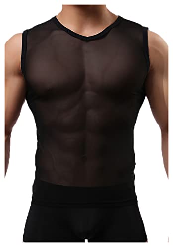 Detwen Herren Tank Top Durchsichtig Muskelshirts mit Rundhalsausschnitt Ärmellos T-Shirt Männer Mesh Unterhemd Schwarz XL von Detwen