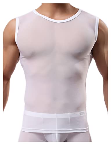 Detwen Herren Tank Top Durchsichtig Muskelshirts mit Rundhalsausschnitt Ärmellos T-Shirt Männer Mesh Unterhemd Weiß L von Detwen