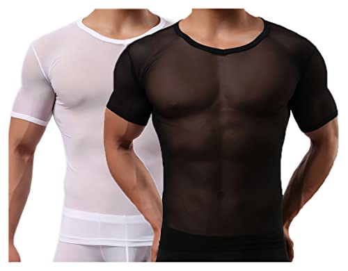 Detwen Herren Unterwäsche Mesh Shirts 2 Pack Party Tops Workout Shirt für Fitness Training Weiß und Schwarz XL von Detwen