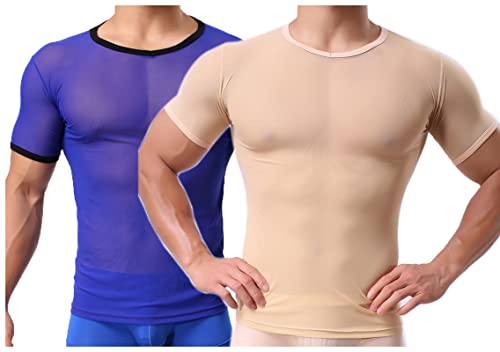 Detwen Netz Unterhemd Herren 2 Stück Reizvolle Unterwäsche Clubwear Sommer Netzhemd Kurze Ärmel Beige und Blau L von Detwen