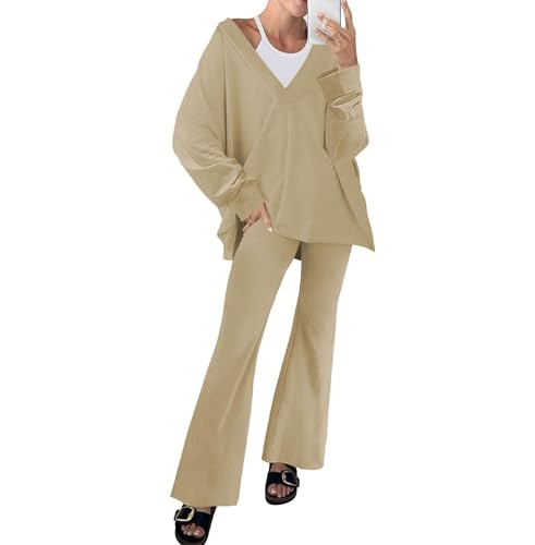 DeuYeng 2-teiliges Herbst-Lounge-Outfit für Damen, lockeres, wendbares Langarm-Top und Schlaghosen-Set, Herbstmode-Loungewear (Khaki, XL) von DeuYeng