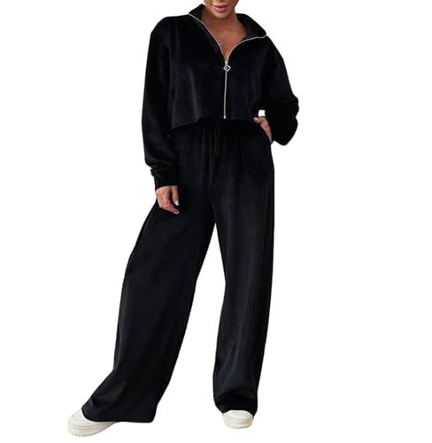 DeuYeng Damen 2-teilige Sweatsuits Langarm Revers Zipper Tops und Wide Leg Hosen Lounge Sets Herbst Outfits Streetwear (Black, XL) von DeuYeng