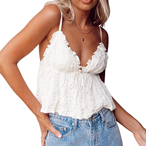 DeuYeng Damen Ärmelloses Leibchen Tank Top Geraffte Einfarbig Rüschen V-Ausschnitt Ärmellose Sommer Crop Tops Streetwear Clubwear (Light Beige, S) von DeuYeng