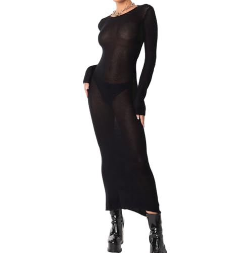 DeuYeng Damen-Bodycon-Midi-Kleid, sexy, rückenfrei, langärmelig, einfarbig, Rundhalsausschnitt, Party, Club, Strickkleid, Clubwear (Black, M) von DeuYeng