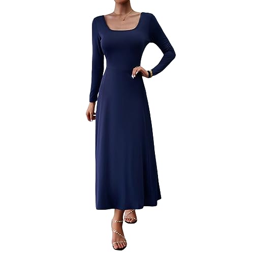 DeuYeng Damen Casual Herbst Langes Kleid Langarm U-Ausschnitt Einfarbig Herbst Cocktail Party Swing Midi Kleider (Navy, S) von DeuYeng