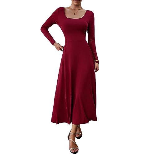 DeuYeng Damen Casual Herbst Langes Kleid Langarm U-Ausschnitt Einfarbig Herbst Cocktail Party Swing Midi Kleider (Red, XL) von DeuYeng